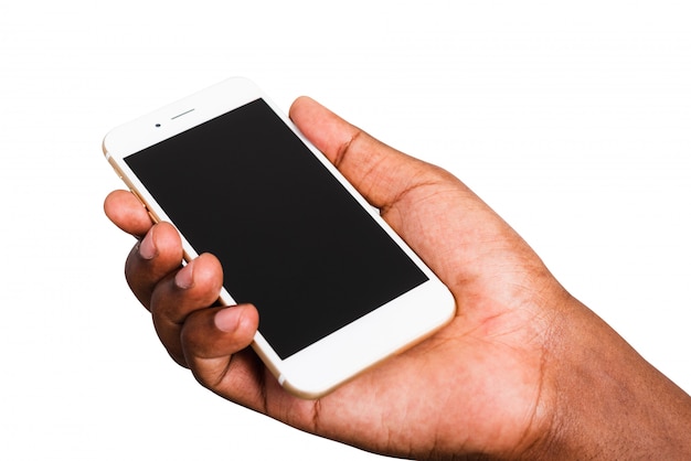 Black man holding mockup white modern digital mobile smart phone blank screen on hand