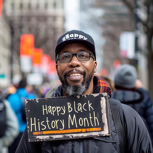 Foto un uomo nero con un cartello che dice happy black history month foto