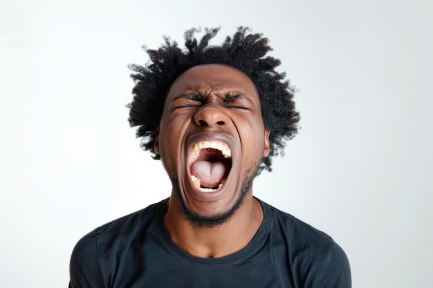 black man is yelling with a fully open mouth Isolated on white background