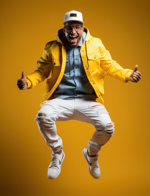 Black man jumping cheerful yellow sport fun black