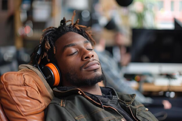 Black man listens to music on headphones with his eyes closed