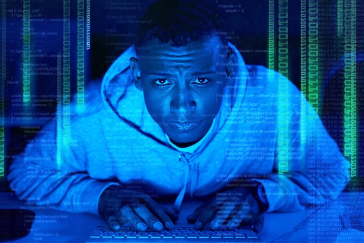 Photo black man portrait or hacker coding on overlay of cybersecurity error with holographic for online crime programmer night or software update on computer with hacking expert writing algorithm system
