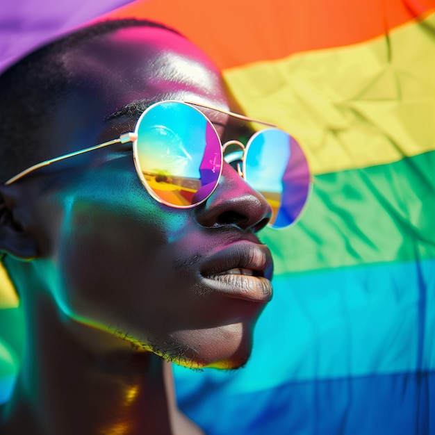 Photo a black man under the pride flag celebrating pride month