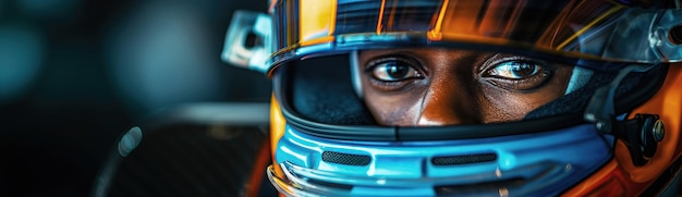 black man racer Formula One pilot in helmet in a racing car F1 driving on track at a race competition