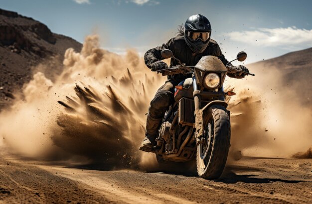 a black man riding a motorcycle down a dirt road