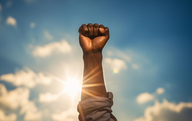 a black man's fist is raised up against the sky black history month