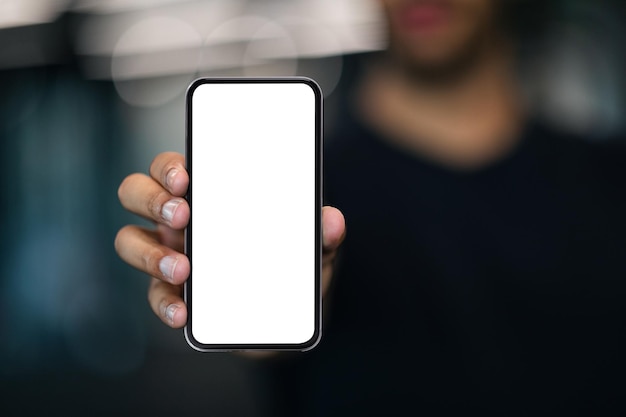 Black Man Showing Modern Smartphone With Big Blank White Screen At Camera