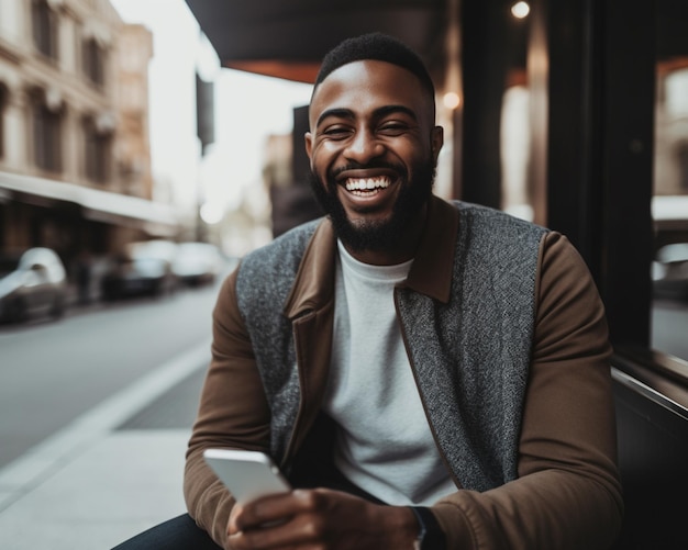 Photo a black man sits on a bench with his phone and smiles at the camera