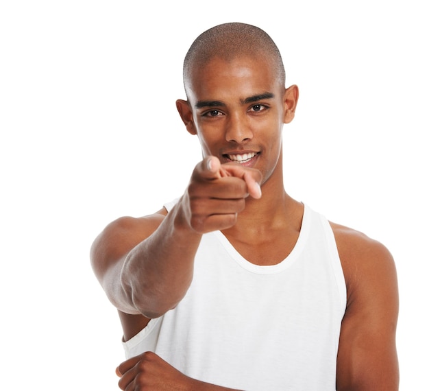 Black man studio portrait and pointing with hand smile and focus with wellness by white background Happy gen z man point finger and isolated for confidence handsome and muscle body in Chicago