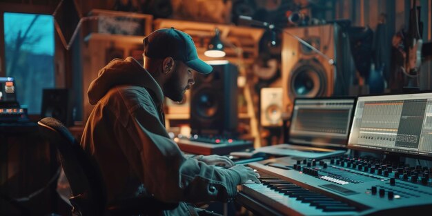 Black man in a studio with a soundboard and a computer