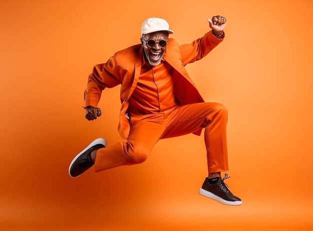 Black man stylish orange guy fashion jump handsome ethnicity multiethnic adult trendy funny style positive