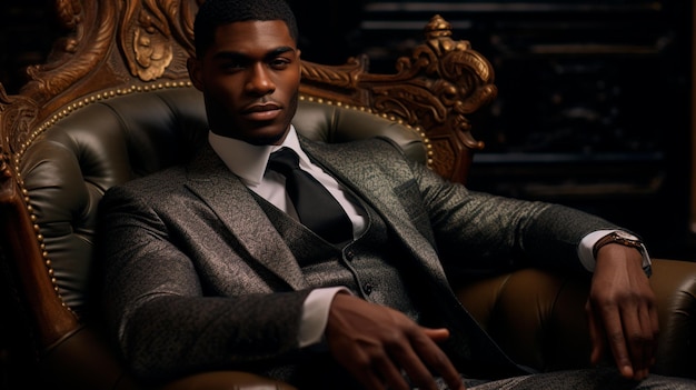 Photo black man in suit and jacket sitting on armchair