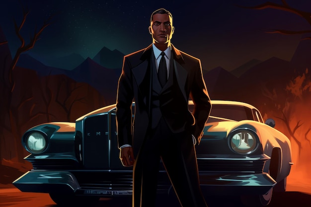 Black man in a suit at night with a car in the background Generative AI