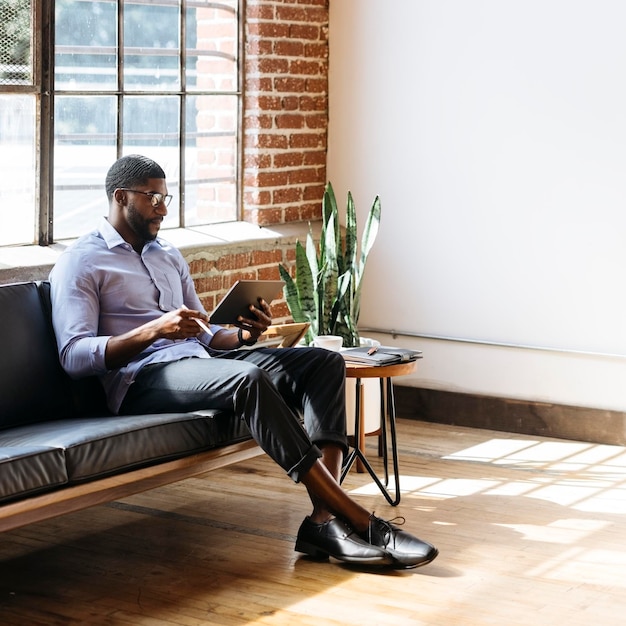 Black man using a stylus with a digital tablet on a couch social template