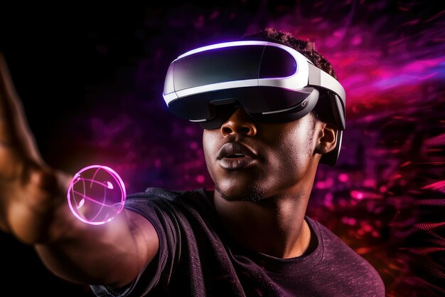 black man in VR headset exploring metaverse world touching virtual reality subjects