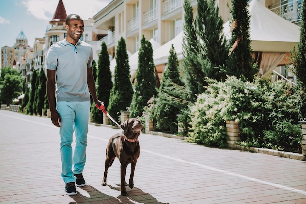 Black Man Walking with Dog in Park.