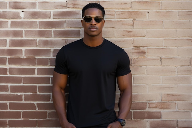 a black man wearing a black t shirt standing in front of a brick wall