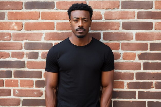 Photo a black man wearing a black t shirt standing in front of a brick wall