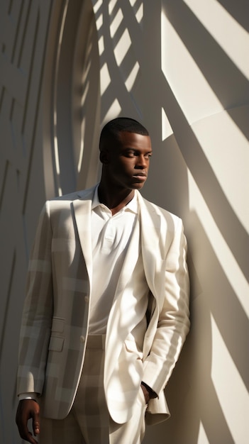 Photo black man wearing white suit standing in front of white patterned wall