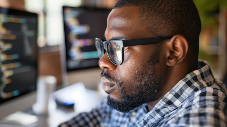 Photo black man web designer or programmer for coding software development and fixing glitch on system in office person cloud computing and cyber security with computer for data password protection