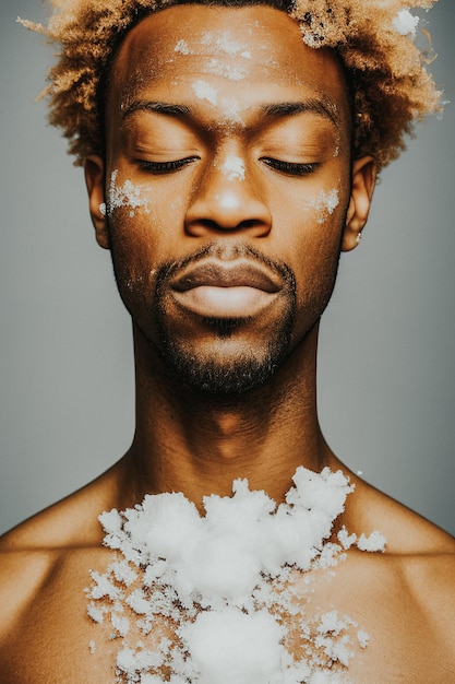 Black man with closed eyes showered with snowflakes fashion portrait photo