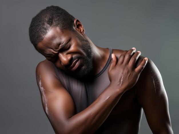 Black man with pain on neutral background