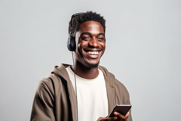 Black man with phone on studio background