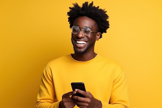 Black man with phone on studio background