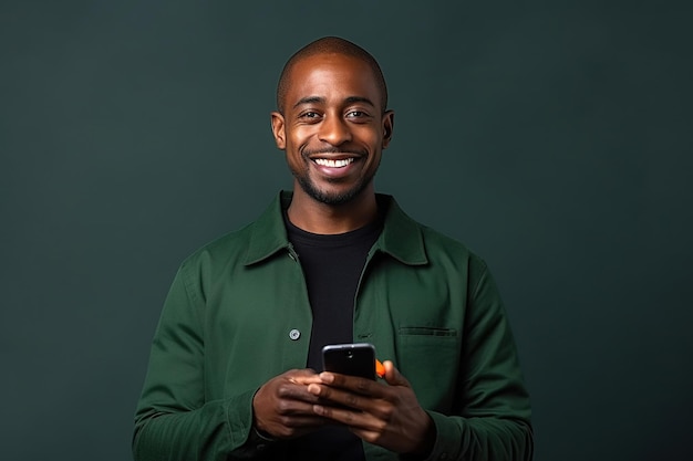 Black man with phone on studio background