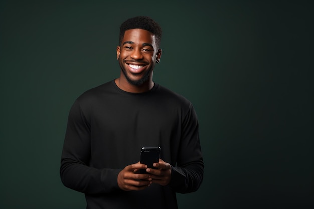 Black man with phone on studio background