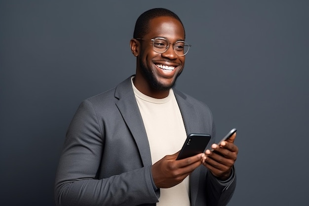 Black man with phone on studio background