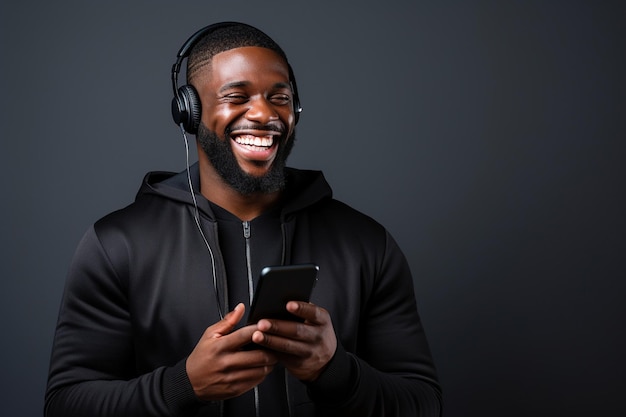 Black man with phone on studio background