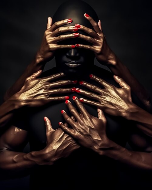 Черный мужчина с красными ногтями закрывает глаза руками