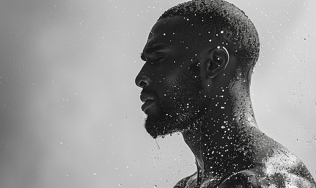 Black man with water drops on his face black and white image