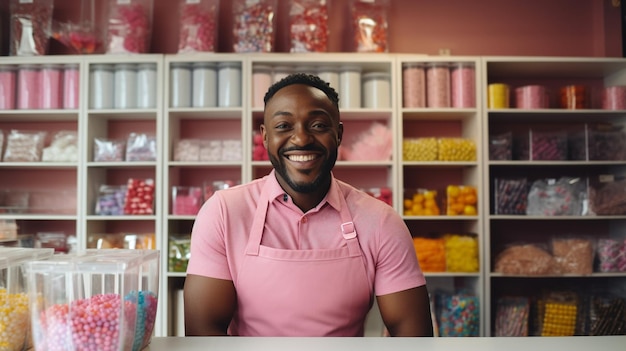 Photo black man working at a candy shop