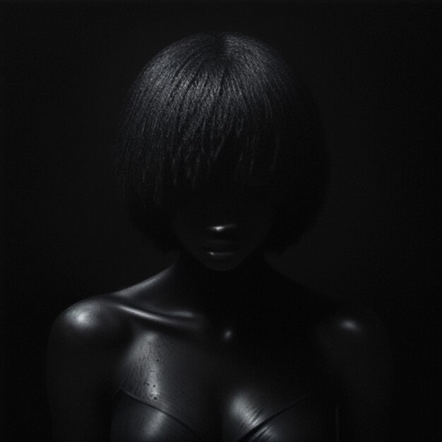 a black mannequin with a black hair and a black background