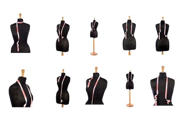 Black mannequin with red and white tape measure in different positions isolated on a white background