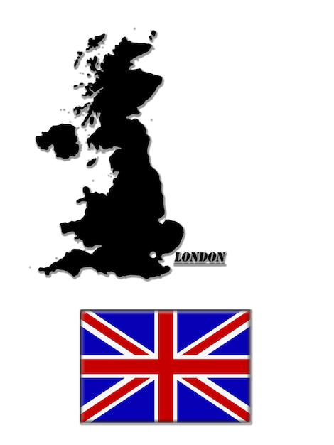 Photo black map of great britain and its flag