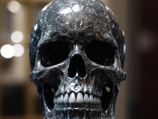 검정색 배경에 금 장식이 있는 두개골 정면의 검정색 대리석 조각 프레스코화 생성 AI 기술로 제작