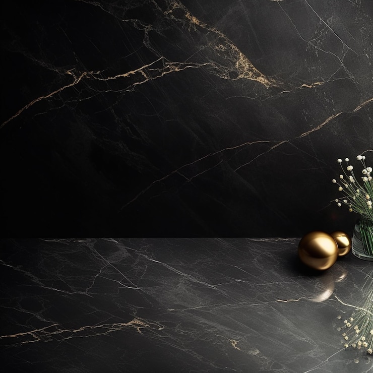 Photo a black marble counter top with flowers and a gold ball on it