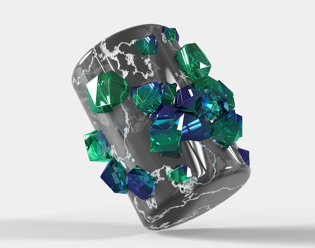 Черный мраморный цилиндр с декором из драгоценных камней 3d значок рендеринга Абстрактная геометрическая фигура скульптура с зелеными синими хрустальными камнями минеральные кристаллы арт-объект изолирован на фоне 3D иллюстрации