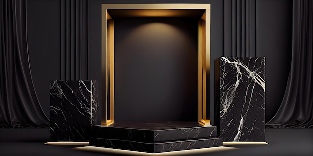 Black Marble Floor Texture Background and Luxury Product Stage Stand on Blank Dark Studio Interior D