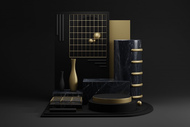 Photo black marble geometric mockup with golden decoration