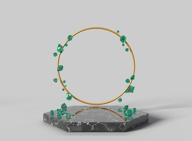 금속 원형 프레임과 보석 에메랄드 석재가 있는 검은색 대리석 육각형 단상 3d 렌더 모형 배너 제품 디스플레이를 위한 녹색 크리스탈 스탠드가 있는 고급 수상 받침대 빈 무대