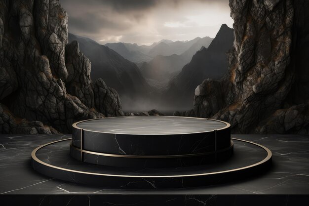 Black marble podium and background with mountains