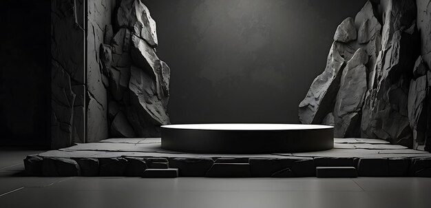 Black marble podium on black marble background 3d render