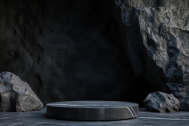 Black Marble Product Display Podium on a Rock Formation Background in Dim Lighting