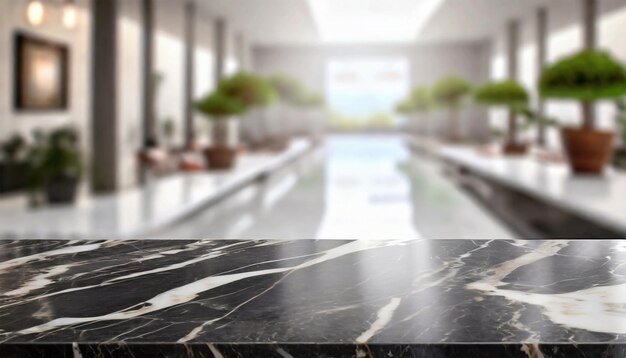 Photo black marble table top with blurred background ai generated