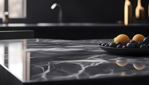 Black marble table top with blurred modern background Ai Generated