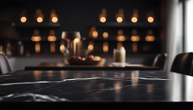 Black marble table top with blurred modern background Ai Generated